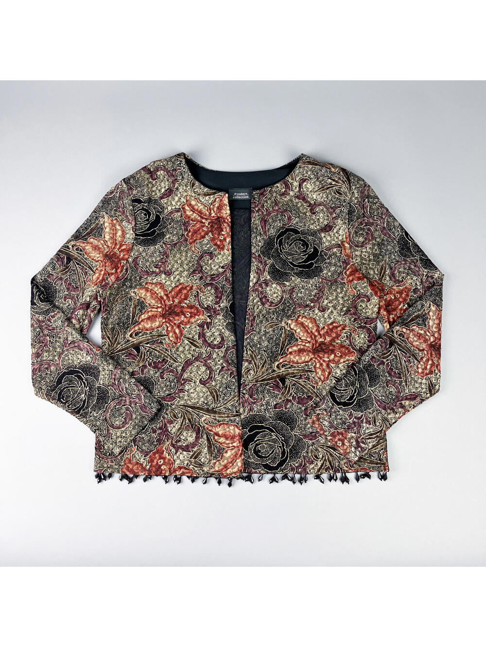 Vintage Floral Patterned Women's Open Front Jacket with Bead Trim